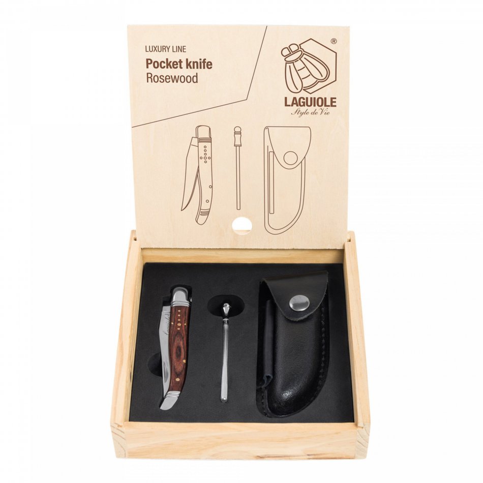 Zakmes rozenhout met foudraal en aanzetstaal - Laguiole